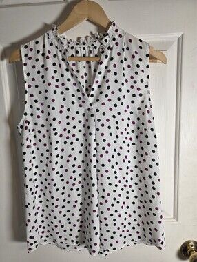 Sleeveless Polka Dot V-Neck Blouse - White with Black & Plum Dots Size OS